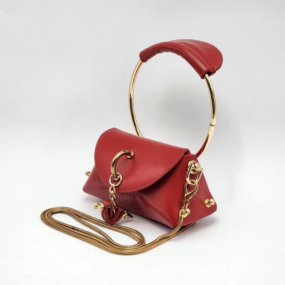 Micro Mini Red Gold Circle Handle Crossbody Bag - Picture 2 of 10